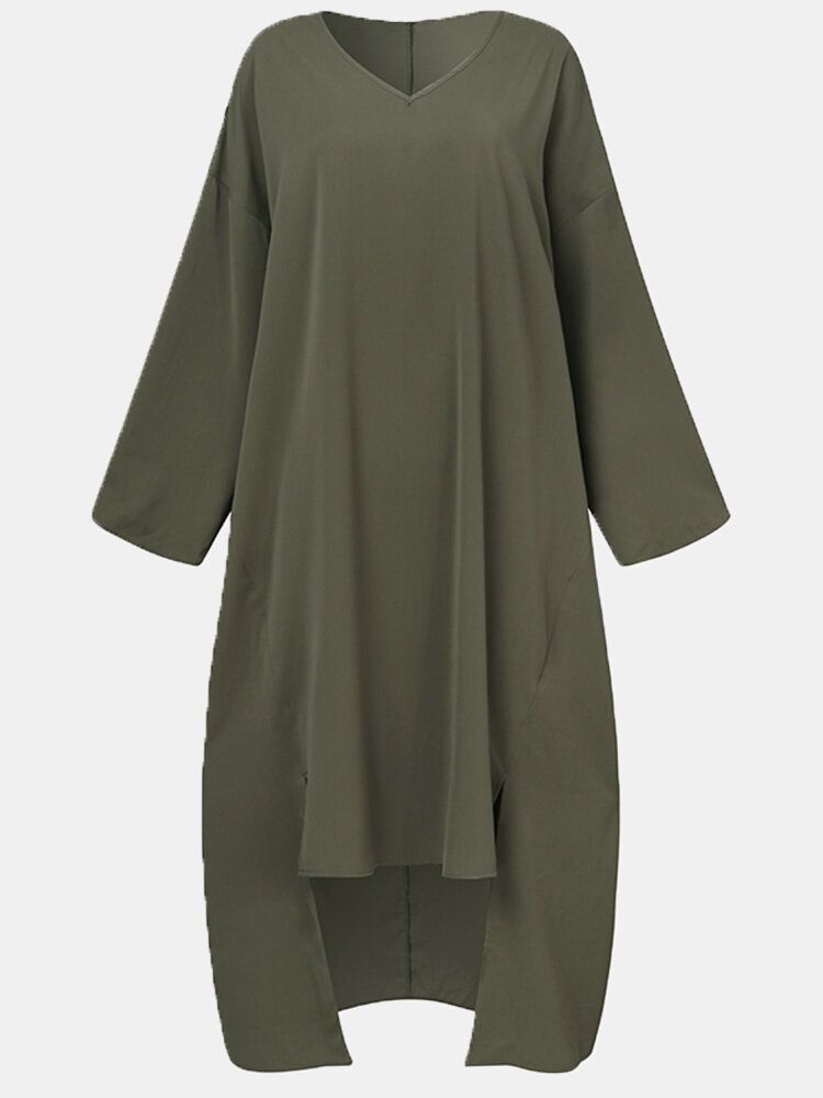 Vestido Casual Con Dobladillo Alto-bajo Y Cuello En V De Color Sólido Para Mujer