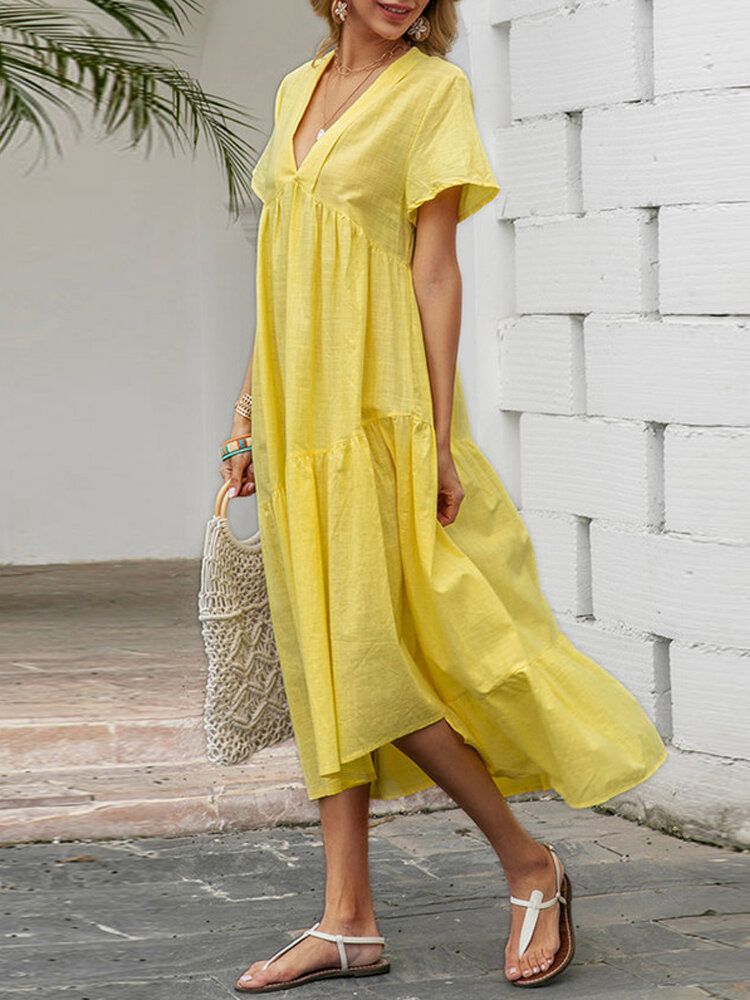 Vestido Casual Plisado De Algodón Con Cuello En V De Color Sólido Para Mujer