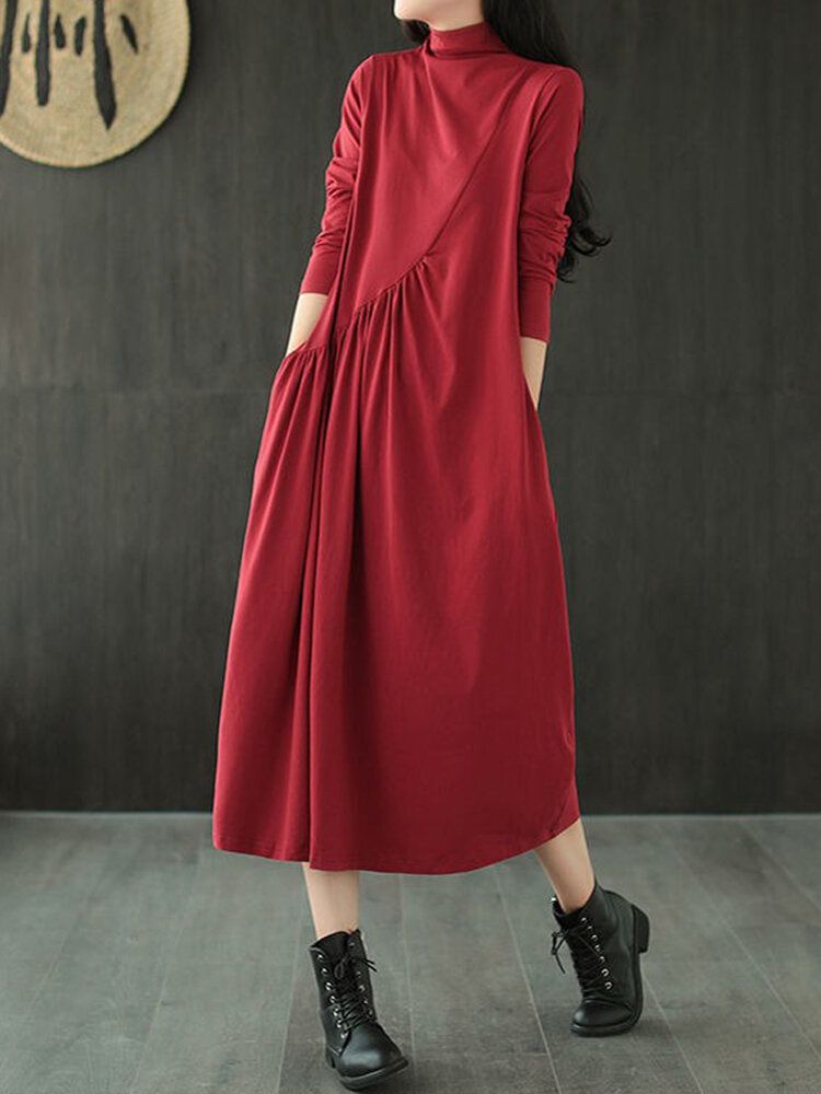 Vestido Casual Plisado De Manga Larga Con Cuello Alto Y Color Liso Para Mujer