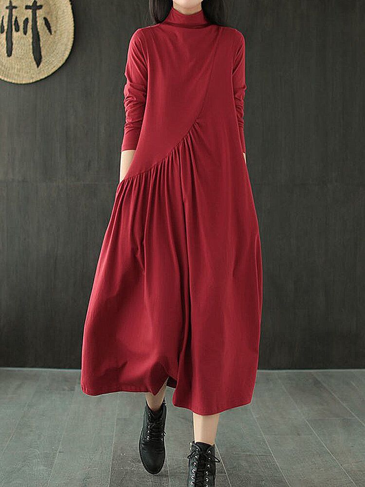 Vestido Casual Plisado De Manga Larga Con Cuello Alto Y Color Liso Para Mujer