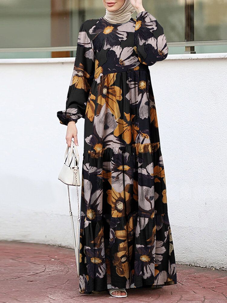 Vestido Con Gradas De Túnica Caftán Con Cuello Redondo Y Manga Abullonada Con Estampado De Flores Para Mujer