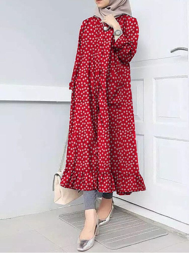 Vestido Informal De Manga Larga Con Cuello Redondo Y Bolsillo Con Volantes Y Volantes Con Estampado Floral Para Mujer