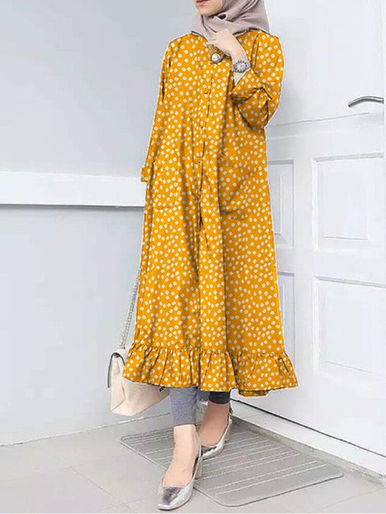 Vestido Informal De Manga Larga Con Cuello Redondo Y Bolsillo Con Volantes Y Volantes Con Estampado Floral Para Mujer