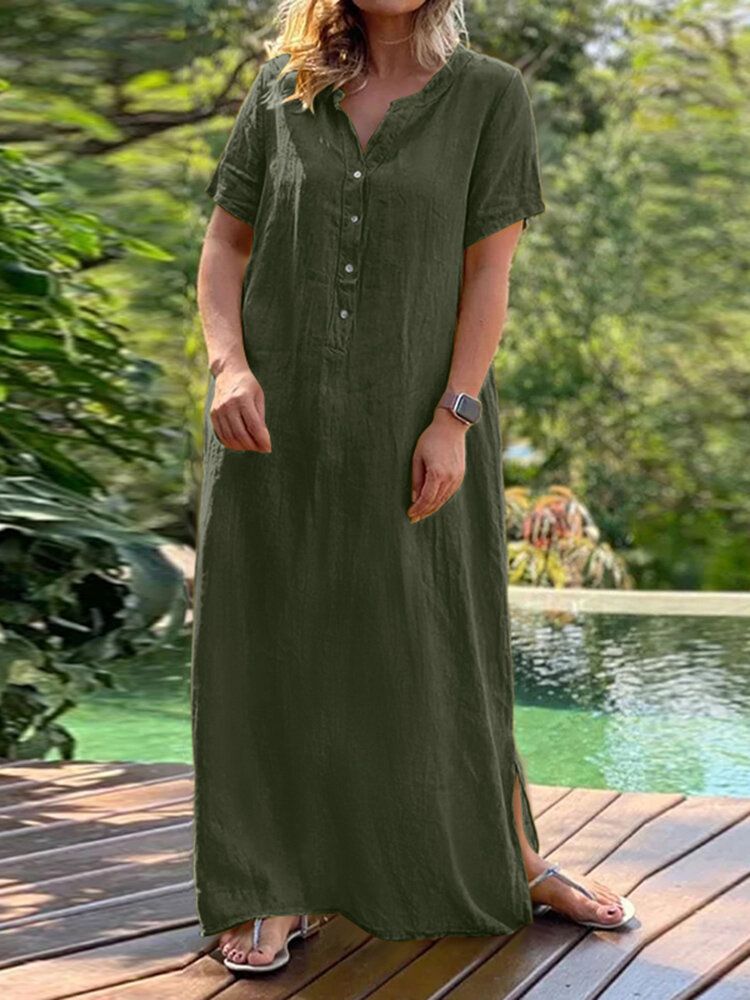 Vestido Largo Bohemio Con Botones Y Manga Corta Con Cuello Redondo Sólido Informal