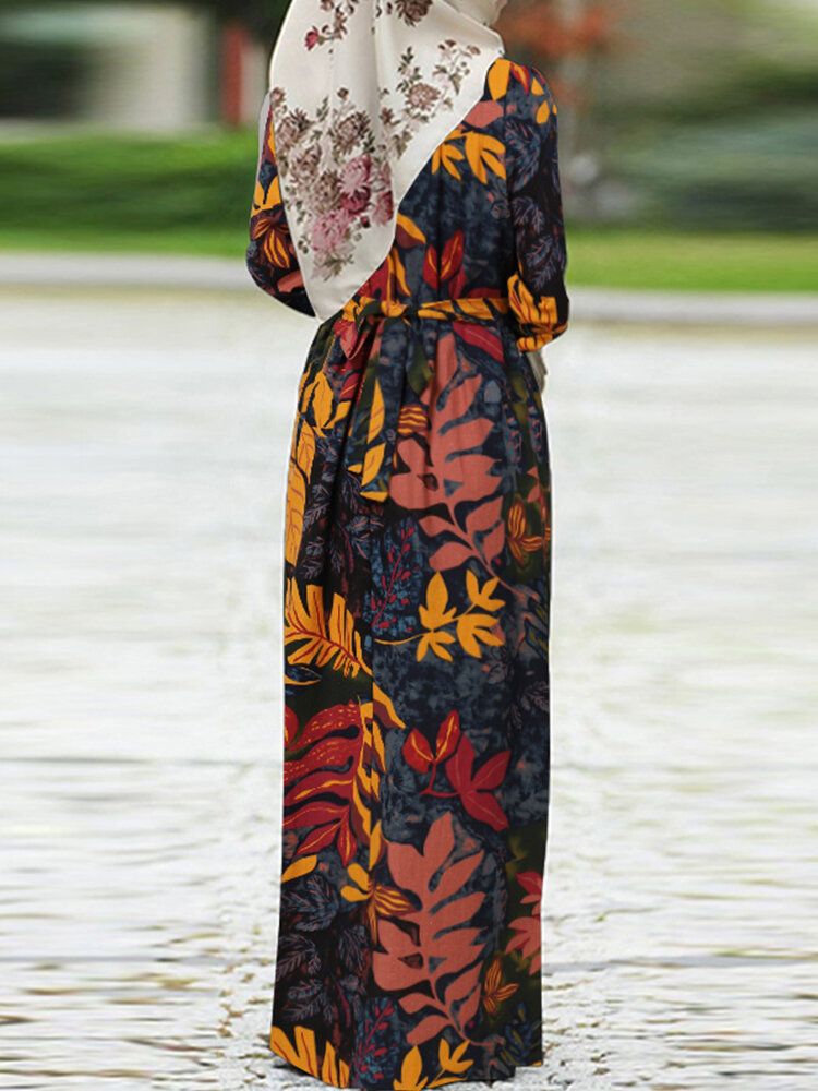 Vestido Largo Bohemio Con Cordones Y Mangas Abullonadas Con Estampado De Flores Vintage Para Mujer