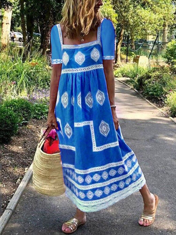 Vestido Largo Bohemio De Manga Corta Con Cuello Cuadrado Y Estampado Étnico Para Mujer