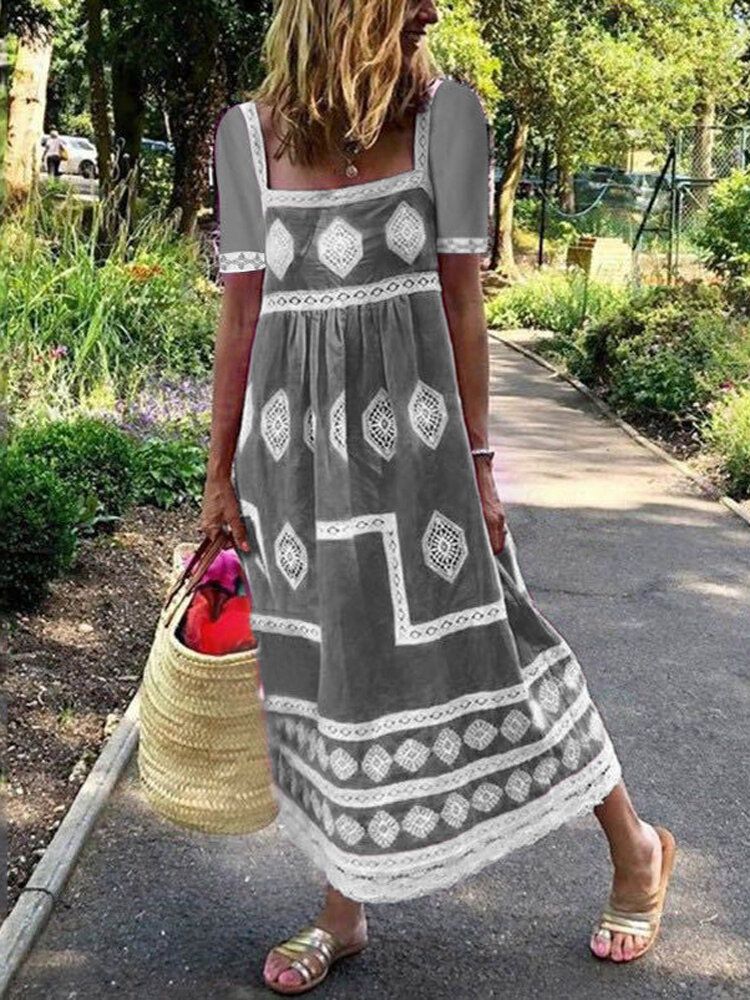 Vestido Largo Bohemio De Manga Corta Con Cuello Cuadrado Y Estampado Étnico Para Mujer