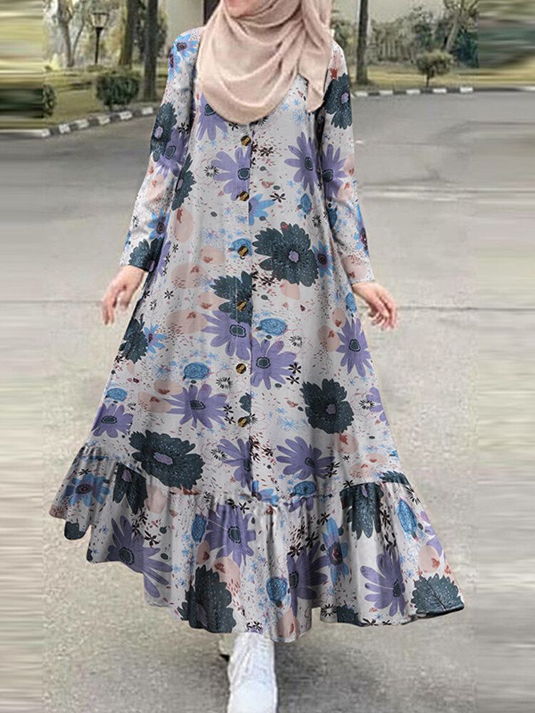 Vestido Largo Bohemio De Manga Larga Con Cuello Henry Y Volantes Con Estampado Floral De Algodón Para Mujer