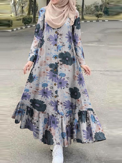 Vestido Largo Bohemio De Manga Larga Con Cuello Henry Y Volantes Con Estampado Floral De Algodón Para Mujer