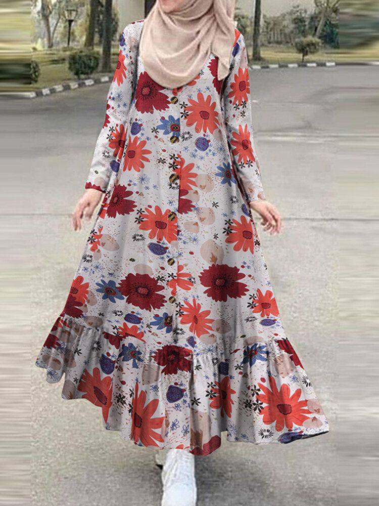 Vestido Largo Bohemio De Manga Larga Con Cuello Henry Y Volantes Con Estampado Floral De Algodón Para Mujer