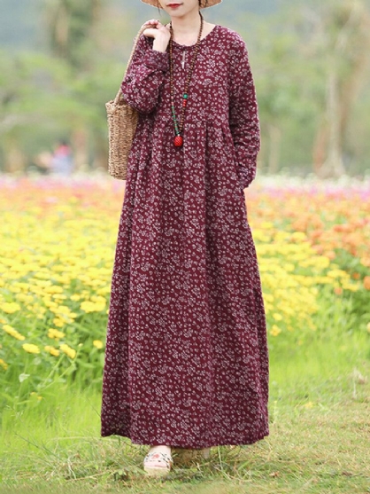 Vestido Largo Bohemio De Manga Larga Con Cuello Redondo Y Estampado Floral Para Mujer Con Bolsillo