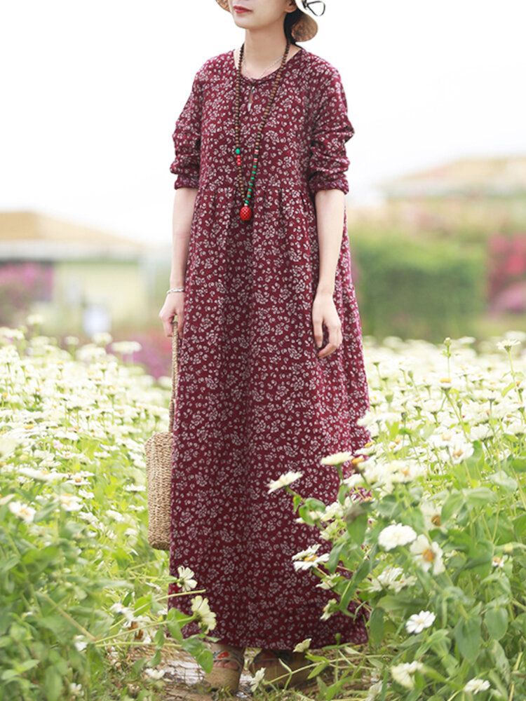 Vestido Largo Bohemio De Manga Larga Con Cuello Redondo Y Estampado Floral Para Mujer Con Bolsillo