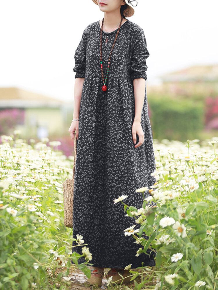 Vestido Largo Bohemio De Manga Larga Con Cuello Redondo Y Estampado Floral Para Mujer Con Bolsillo