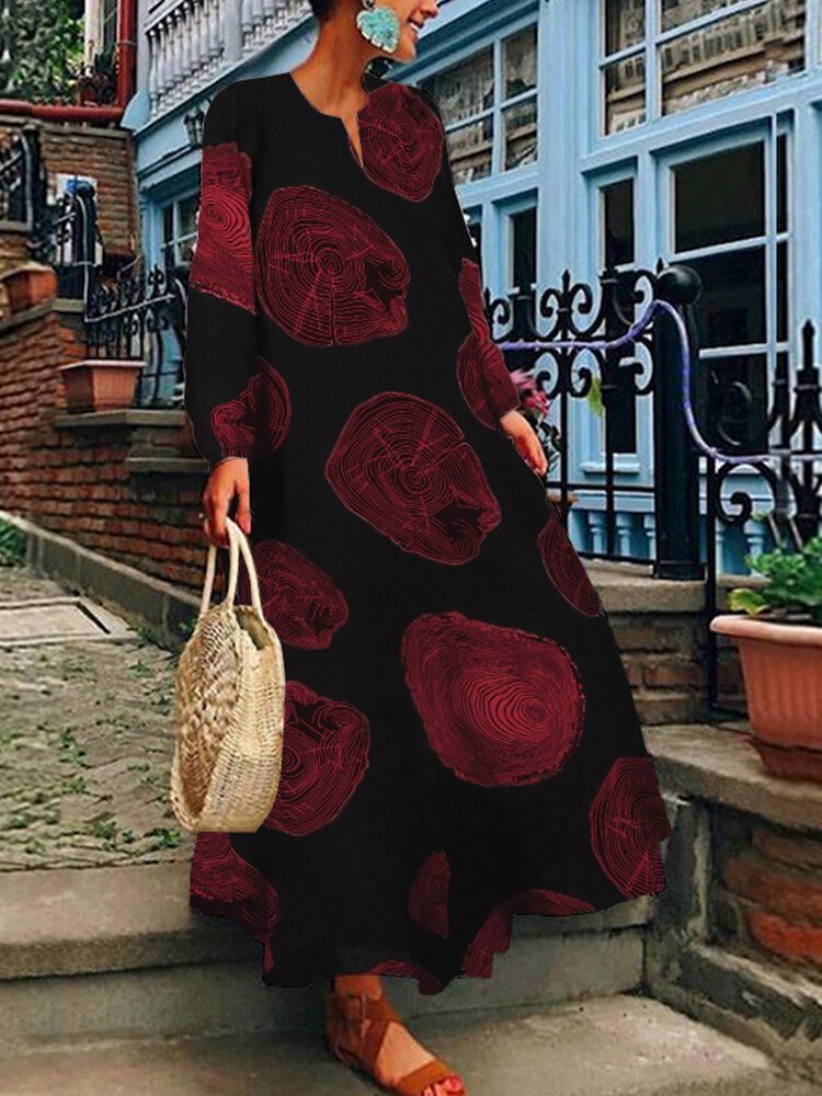 Vestido Largo Bohemio De Manga Larga Con Cuello En V Informal Suelto De Algodón Con Estampado Floral Para Mujer