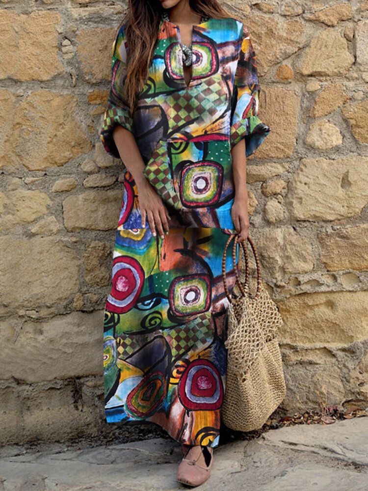 Vestido Largo Bohemio De Manga Larga Con Estampado Abstracto Étnico Para Mujer