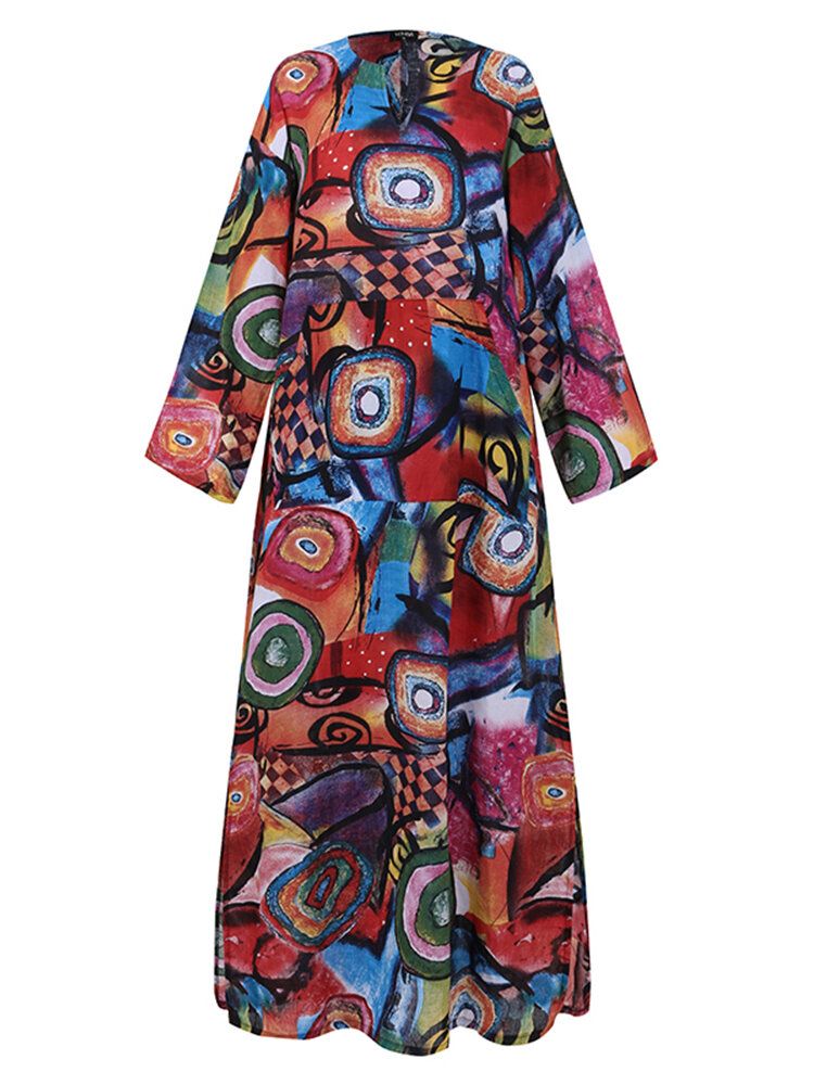 Vestido Largo Bohemio De Manga Larga Con Estampado Abstracto Étnico Para Mujer