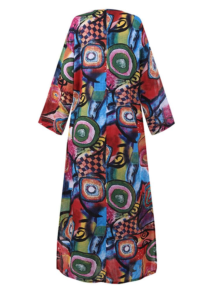 Vestido Largo Bohemio De Manga Larga Con Estampado Abstracto Étnico Para Mujer