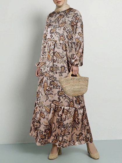 Vestido Largo Bohemio De Manga Larga Con Estampado Floral De Paisley De Estilo Étnico Para Mujer