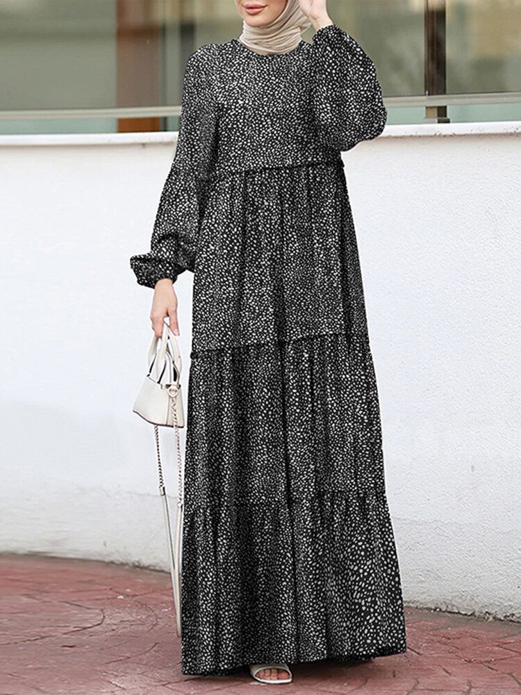 Vestido Largo Caftán Con Manga Abullonada Y Estampado De Lunares Para Mujer