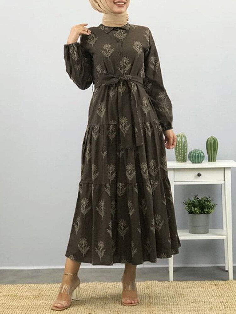 Vestido Largo Caftán Con Manga Abullonada Y Solapa Con Estampado Floral Para Mujer Con Cinturón