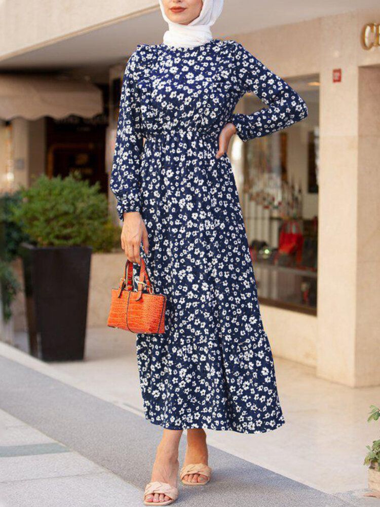 Vestido Largo Caftán Con Mangas Abullonadas Y Estampado De Flores Navideñas Para Mujer