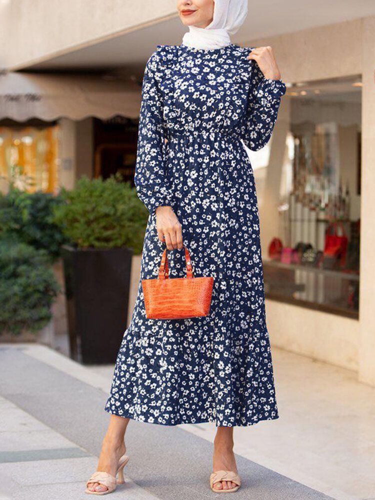 Vestido Largo Caftán Con Mangas Abullonadas Y Estampado De Flores Navideñas Para Mujer