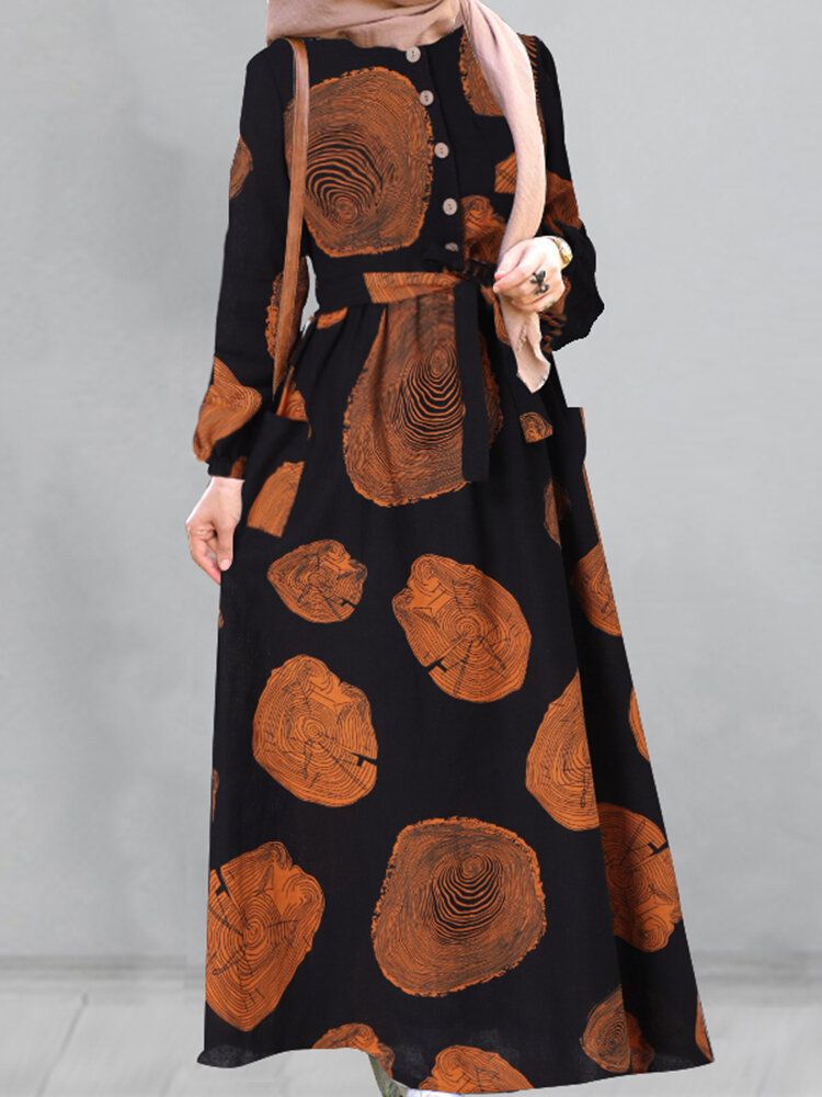 Vestido Largo Con Bolsillos Laterales Kaftan Con Estampado De Anillo De Árbol De Algodón Para Mujer Con Cinturón