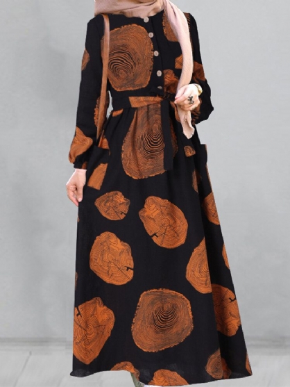 Vestido Largo Con Bolsillos Laterales Kaftan Con Estampado De Anillo De Árbol De Algodón Para Mujer Con Cinturón