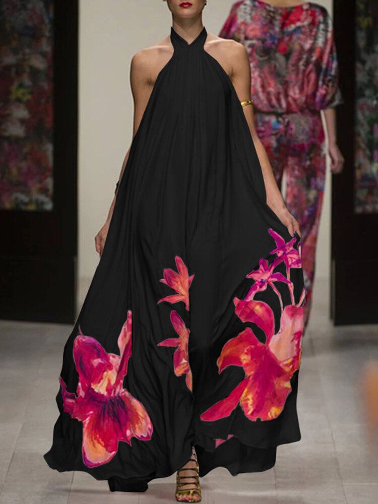 Vestido Largo Con Cuello Halter Suelto Y Elegante Con Estampado Floral De Vacaciones Para Mujer