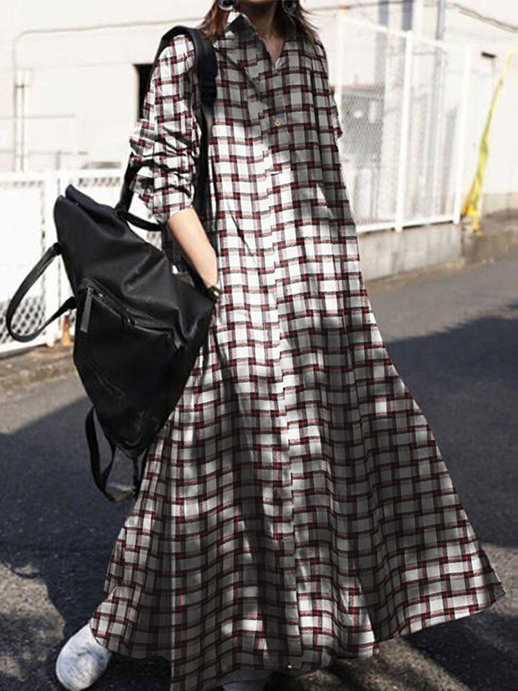 Vestido Largo Con Cuello Vuelto Y Camisa Con Estampado De Cuadrícula Para Mujer Con Bolsillo