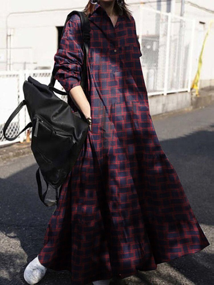 Vestido Largo Con Cuello Vuelto Y Camisa Con Estampado De Cuadrícula Para Mujer Con Bolsillo