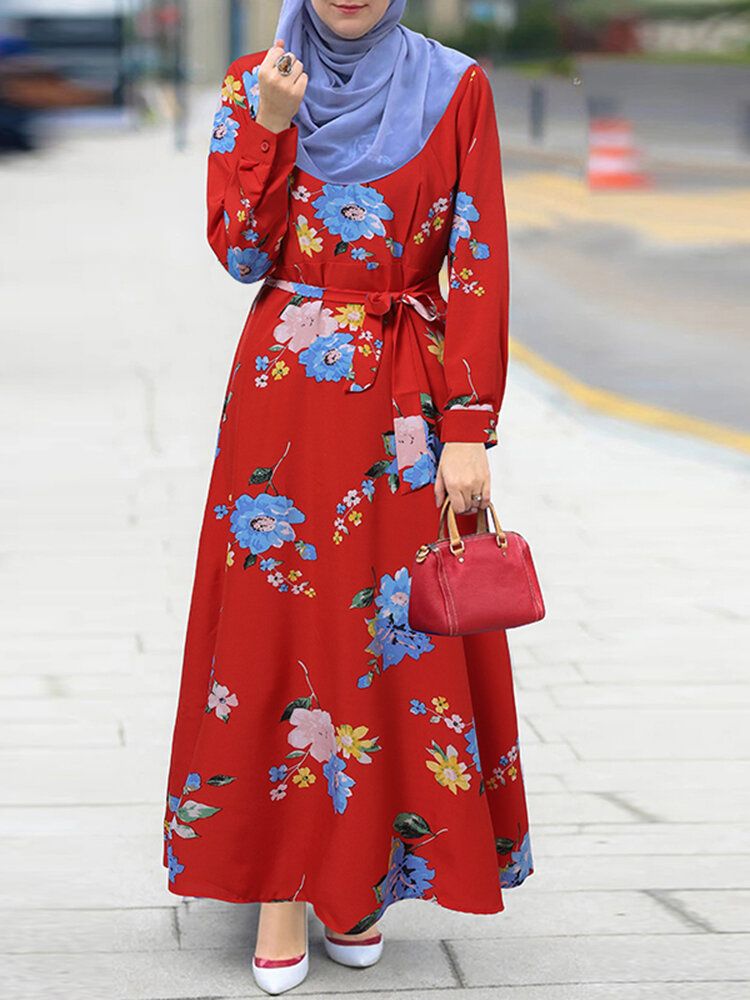 Vestido Largo Con Estampado Floral Y Cinturón De Manga Larga Con Cordones En La Espalda Y Cremallera De Vacaciones Vintage