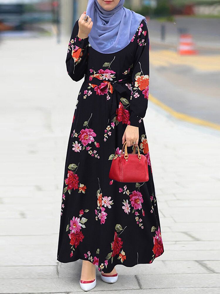 Vestido Largo Con Estampado Floral Y Cinturón De Manga Larga Con Cordones En La Espalda Y Cremallera De Vacaciones Vintage