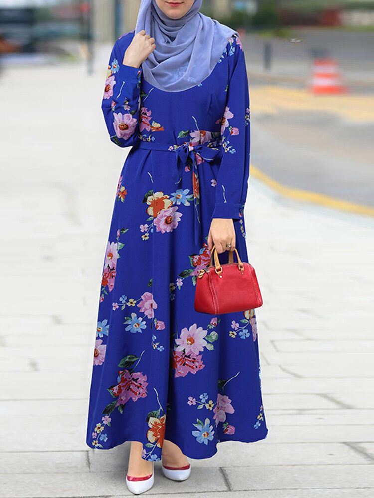 Vestido Largo Con Estampado Floral Y Cinturón De Manga Larga Con Cordones En La Espalda Y Cremallera De Vacaciones Vintage