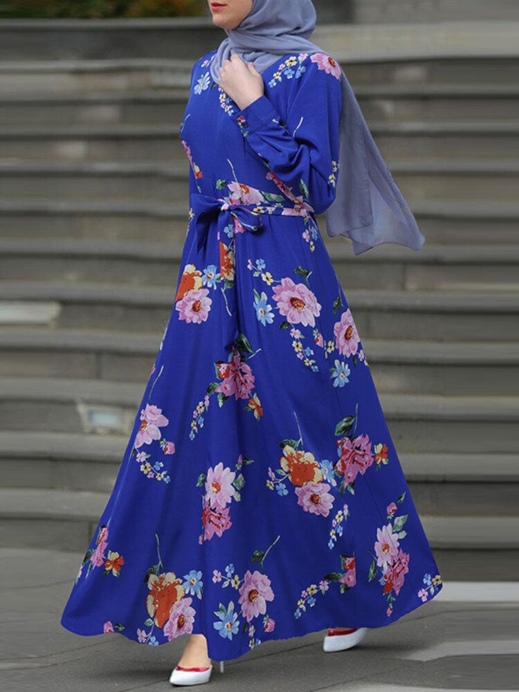 Vestido Largo Con Estampado Floral Y Cinturón De Manga Larga Con Cordones En La Espalda Y Cremallera De Vacaciones Vintage