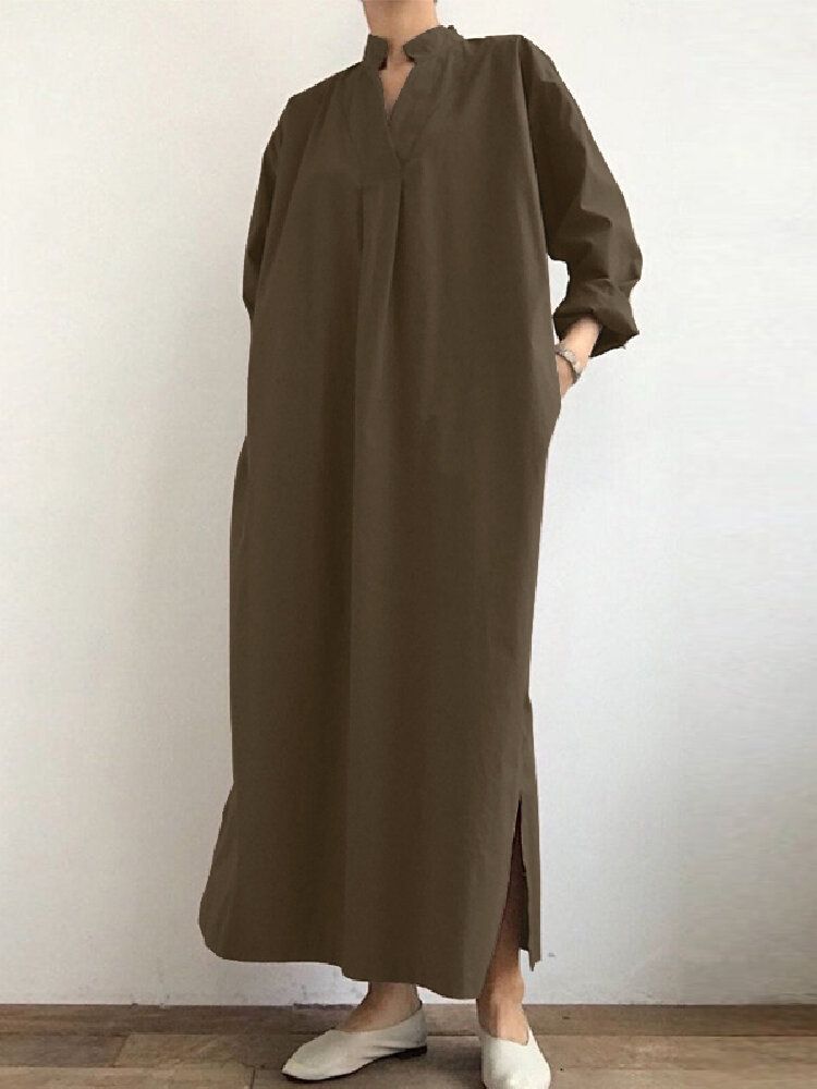 Vestido Largo Con Hombros Caídos Y Cuello Alto Liso 100% Algodón Para Mujer Con Bolsillo Lateral