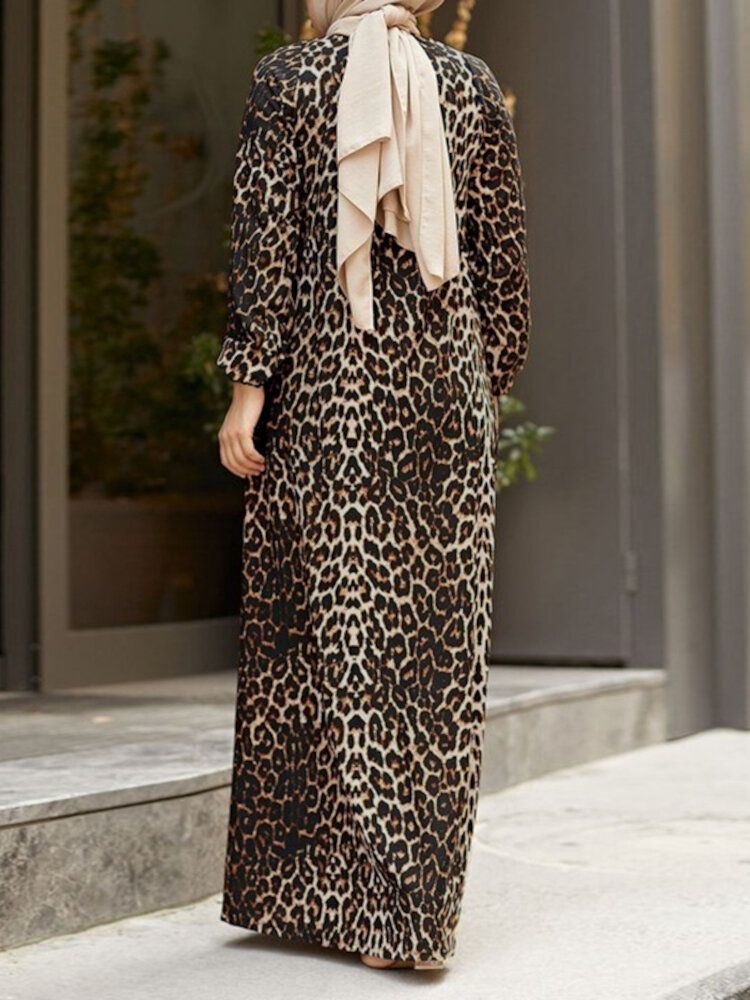 Vestido Largo Con Puños Elásticos Con Estampado De Leopardo Para Mujer Abaya Kaftan Con Bolsillos