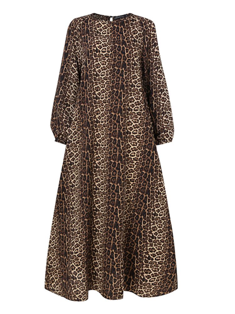 Vestido Largo Con Puños Elásticos Con Estampado De Leopardo Para Mujer Abaya Kaftan Con Bolsillos