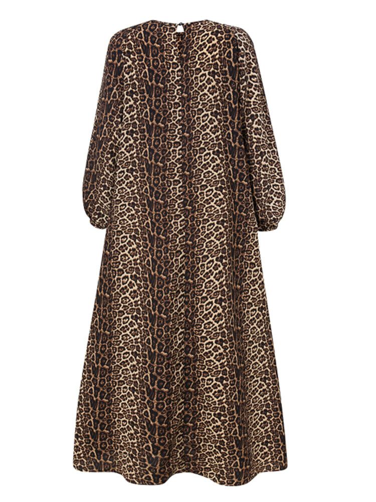 Vestido Largo Con Puños Elásticos Con Estampado De Leopardo Para Mujer Abaya Kaftan Con Bolsillos