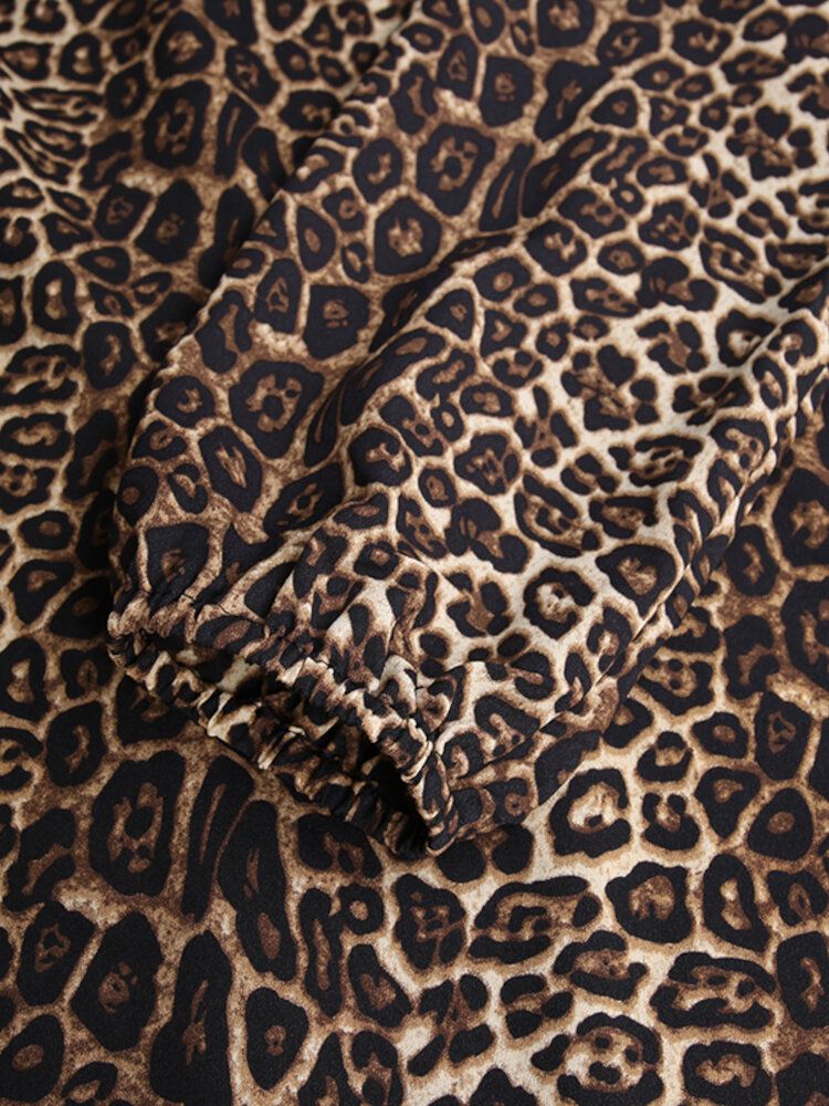 Vestido Largo Con Puños Elásticos Con Estampado De Leopardo Para Mujer Abaya Kaftan Con Bolsillos