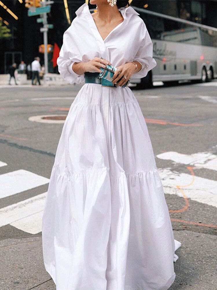 Vestido Largo Con Solapa Con Botones De Solapa De Manga Larga De Color Sólido Informal En Capas