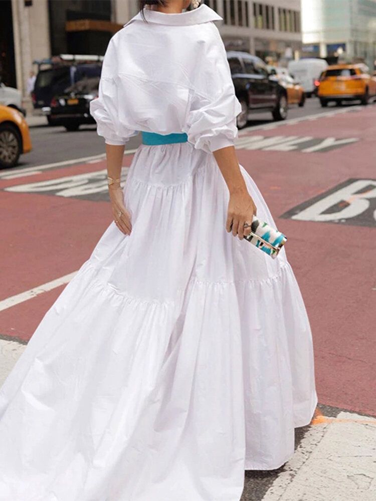 Vestido Largo Con Solapa Con Botones De Solapa De Manga Larga De Color Sólido Informal En Capas