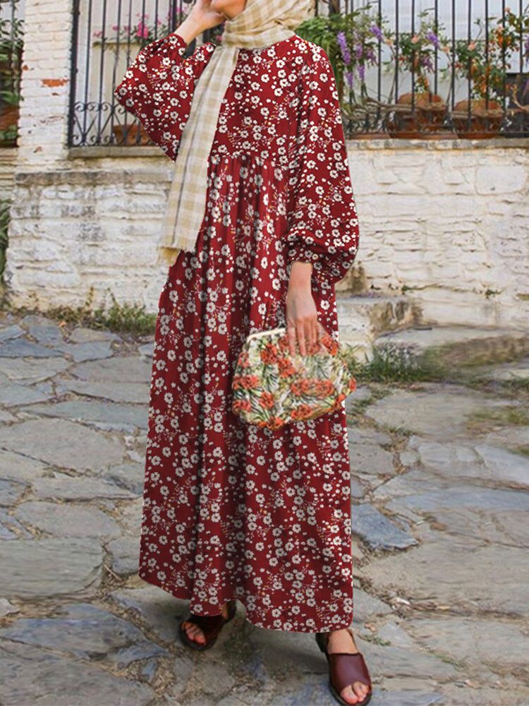 Vestido Largo Con Túnica Caftán Informal Irregular Con Cuello Redondo Y Manga Abullonada Con Estampado Floral Para Mujer