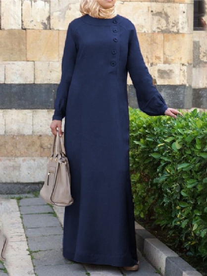 Vestido Largo Con Túnica Caftán Con Manga Abullonada Y Tapeta Oblicua Con Diseño De Botones De Color Sólido Para Mujer