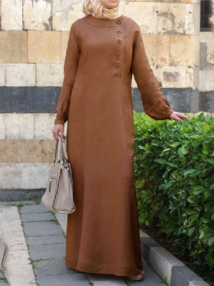 Vestido Largo Con Túnica Caftán Con Manga Abullonada Y Tapeta Oblicua Con Diseño De Botones De Color Sólido Para Mujer