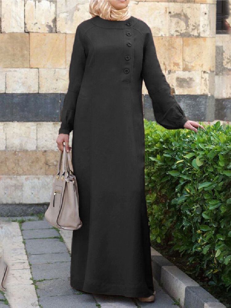 Vestido Largo Con Túnica Caftán Con Manga Abullonada Y Tapeta Oblicua Con Diseño De Botones De Color Sólido Para Mujer