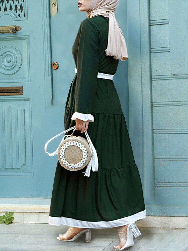 Vestido Largo Con Túnica Caftán De Retazos Y Dobladillo Con Volantes En Contraste De Color Para Mujer