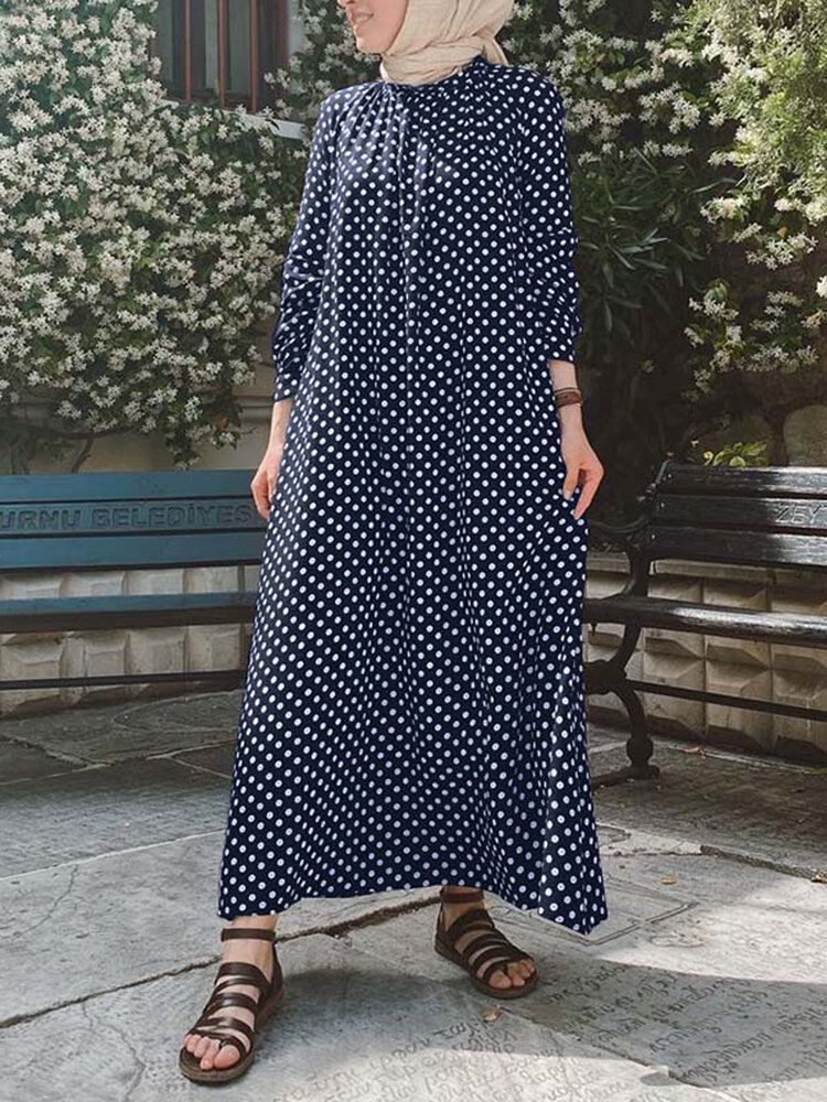 Vestido Largo Con Túnica Caftán Suelta Con Cuello Mandarín Y Estampado De Lunares Para Mujer