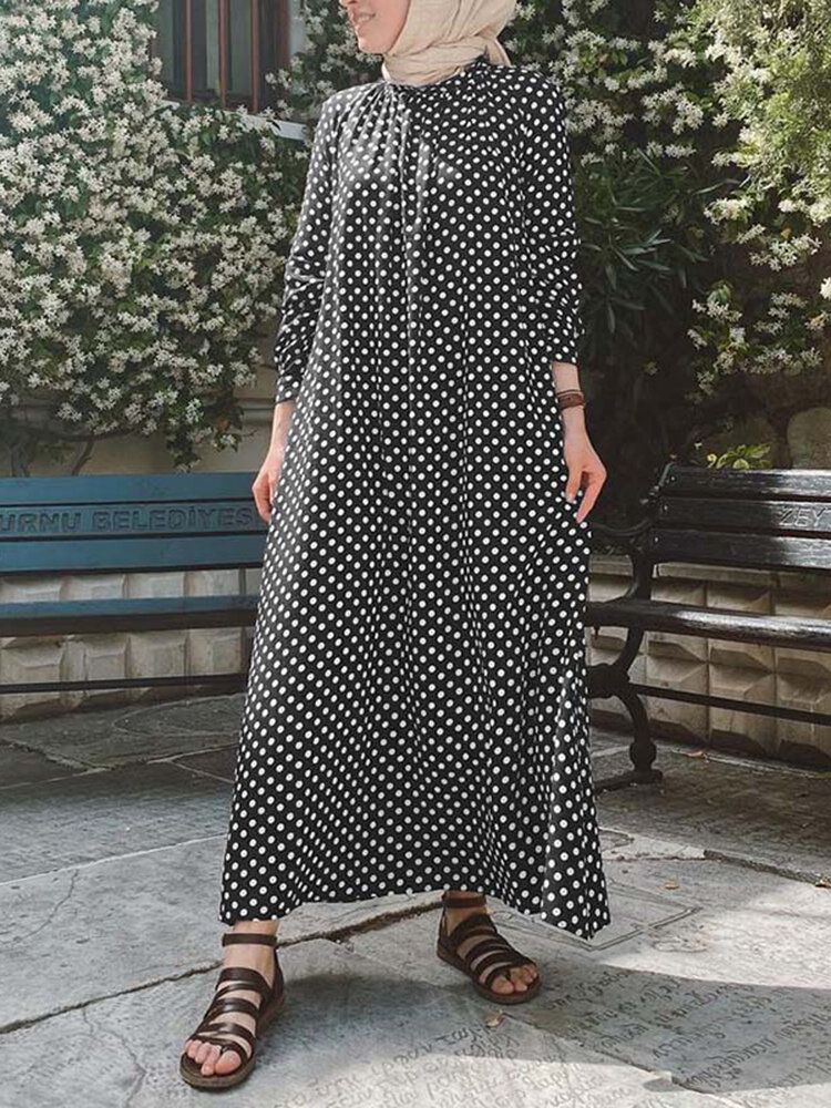 Vestido Largo Con Túnica Caftán Suelta Con Cuello Mandarín Y Estampado De Lunares Para Mujer