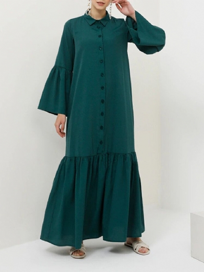 Vestido Largo Elegante Con Botones De Solapa Y Dobladillo De Volantes De Color Sólido Para Mujer